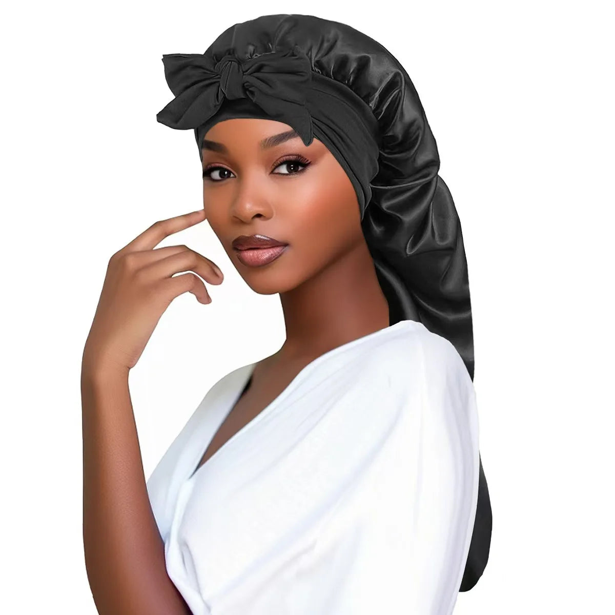 Bonnet de Nuit Satin Long Oversize avec Ruban – Élégance & Protection